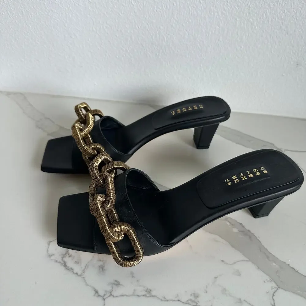 Serena Uziyel Catena Black & Gold Mid-Heel Sandal Size 38